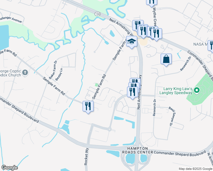 map of restaurants, bars, coffee shops, grocery stores, and more near 52 Corwin Circle in Hampton