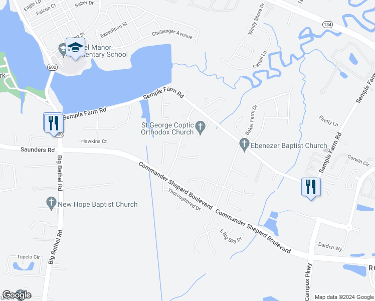 map of restaurants, bars, coffee shops, grocery stores, and more near 6 East Dressage Court in Hampton