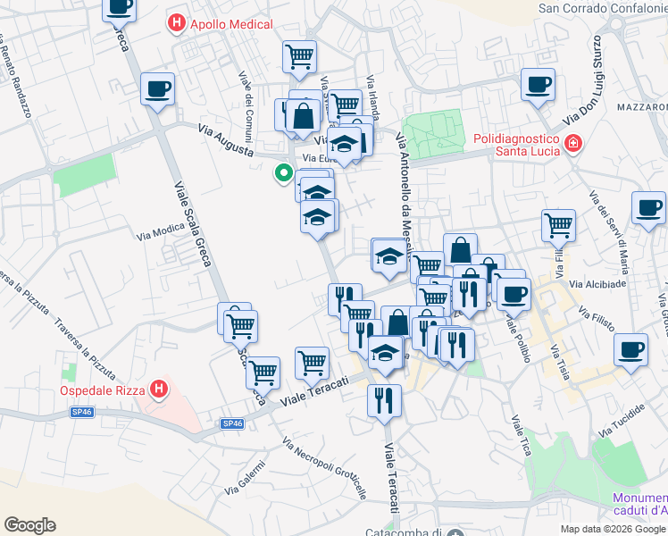 map of restaurants, bars, coffee shops, grocery stores, and more near 102 Viale Santa Panagia in Syracuse