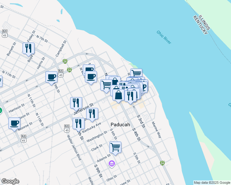 map of restaurants, bars, coffee shops, grocery stores, and more near 400 Jefferson Street in Paducah