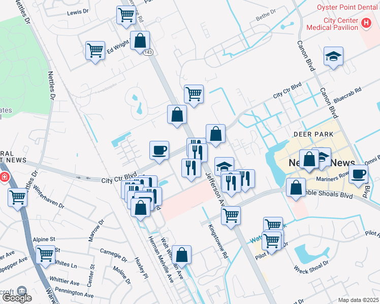 map of restaurants, bars, coffee shops, grocery stores, and more near 11845 Jefferson Avenue in Newport News