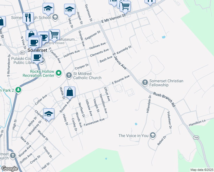 map of restaurants, bars, coffee shops, grocery stores, and more near 723 East Bourne Avenue in Somerset
