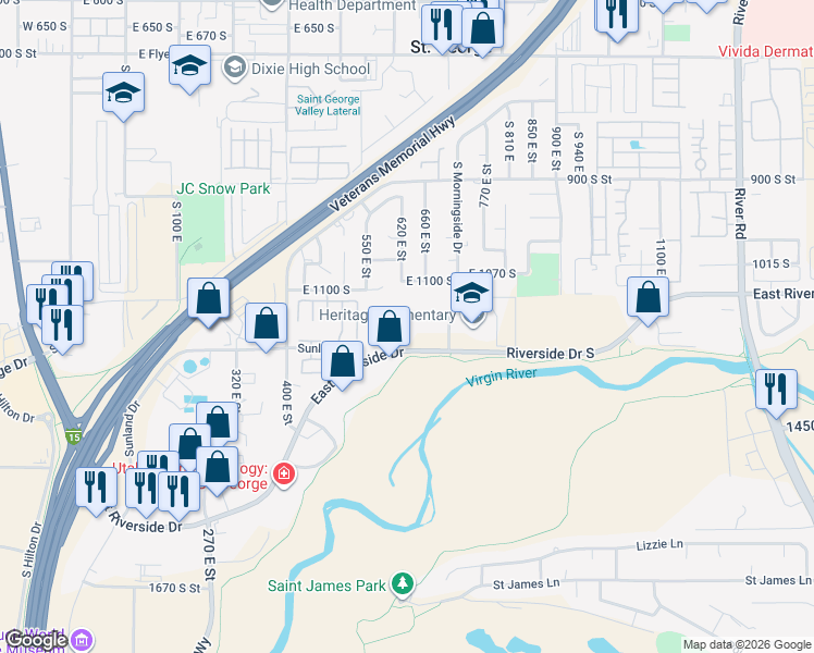 map of restaurants, bars, coffee shops, grocery stores, and more near 617 East Riverside Drive in St. George