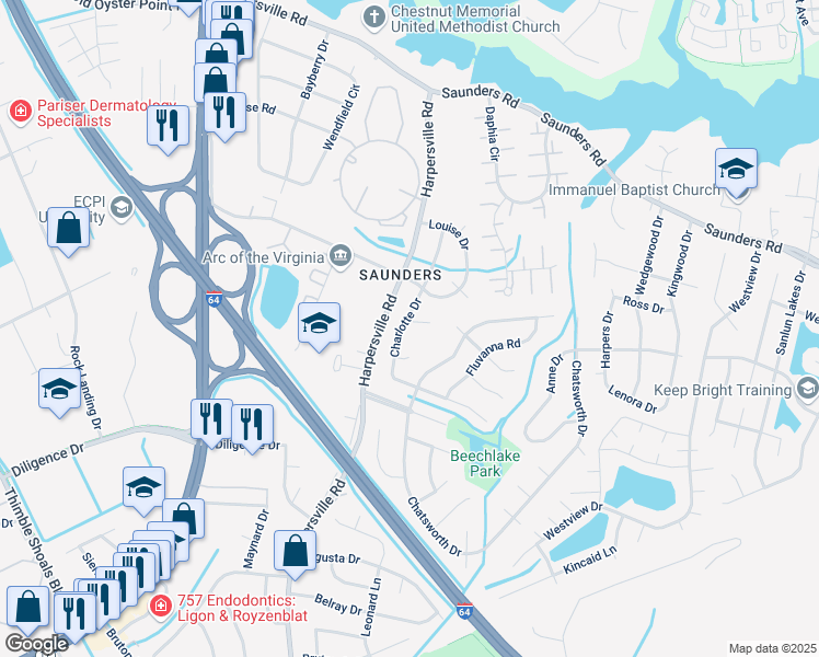 map of restaurants, bars, coffee shops, grocery stores, and more near 204 Gallery Court in Newport News