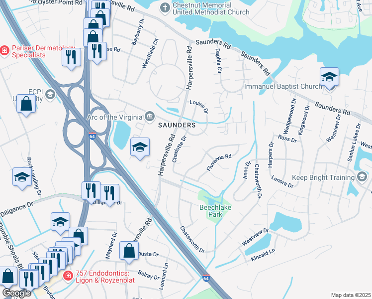 map of restaurants, bars, coffee shops, grocery stores, and more near 204 Gallery Court in Newport News