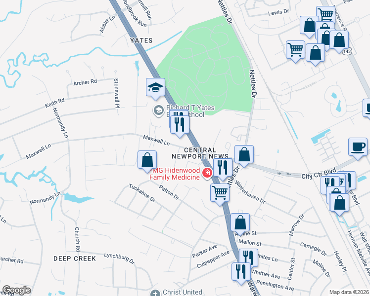 map of restaurants, bars, coffee shops, grocery stores, and more near 46 Maxwell Lane in Newport News
