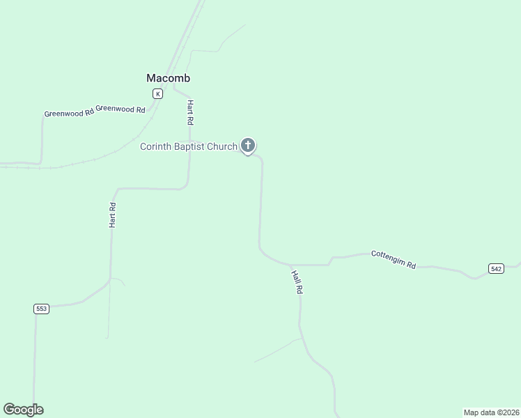 map of restaurants, bars, coffee shops, grocery stores, and more near County Road 542 in Macomb