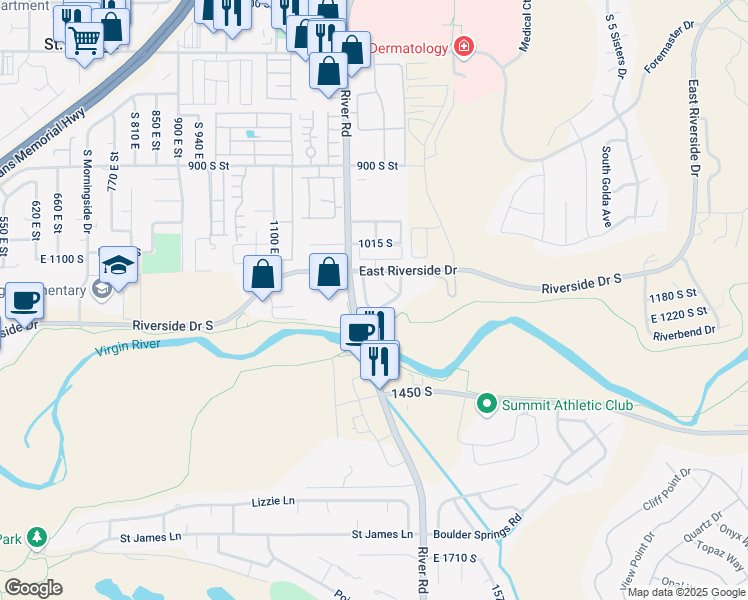 map of restaurants, bars, coffee shops, grocery stores, and more near 1223 South 1280 East in St. George