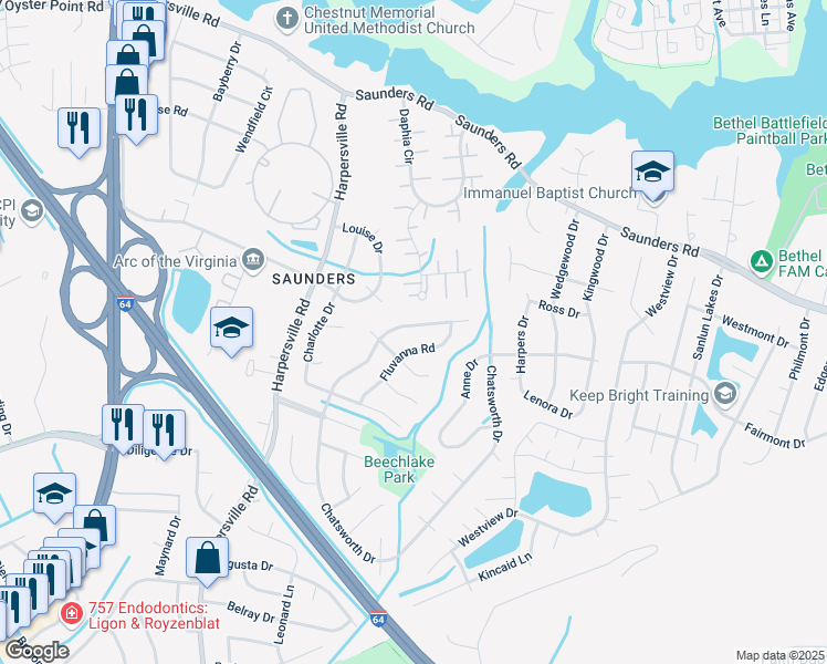 map of restaurants, bars, coffee shops, grocery stores, and more near 929 Fluvanna Road in Newport News