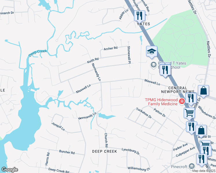 map of restaurants, bars, coffee shops, grocery stores, and more near 4 Mammoth Oak Road in Newport News