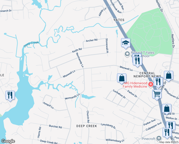 map of restaurants, bars, coffee shops, grocery stores, and more near 4 Mammoth Oak Road in Newport News