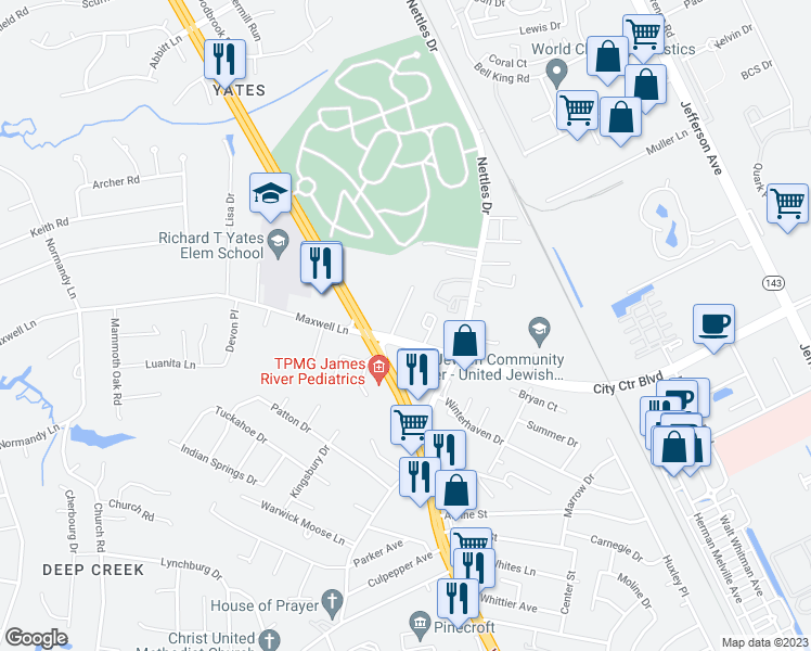 map of restaurants, bars, coffee shops, grocery stores, and more near 204 Maymont Drive in Newport News