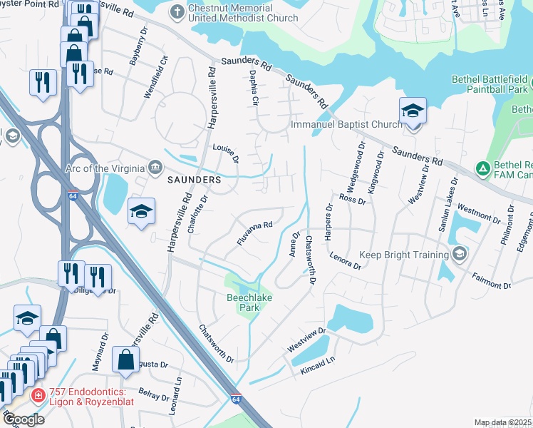 map of restaurants, bars, coffee shops, grocery stores, and more near 950 Chatsworth Drive in Newport News