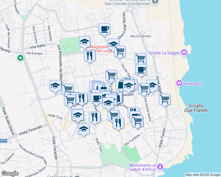 map of restaurants, bars, coffee shops, grocery stores, and more near 140 Via Filisto in Siracusa