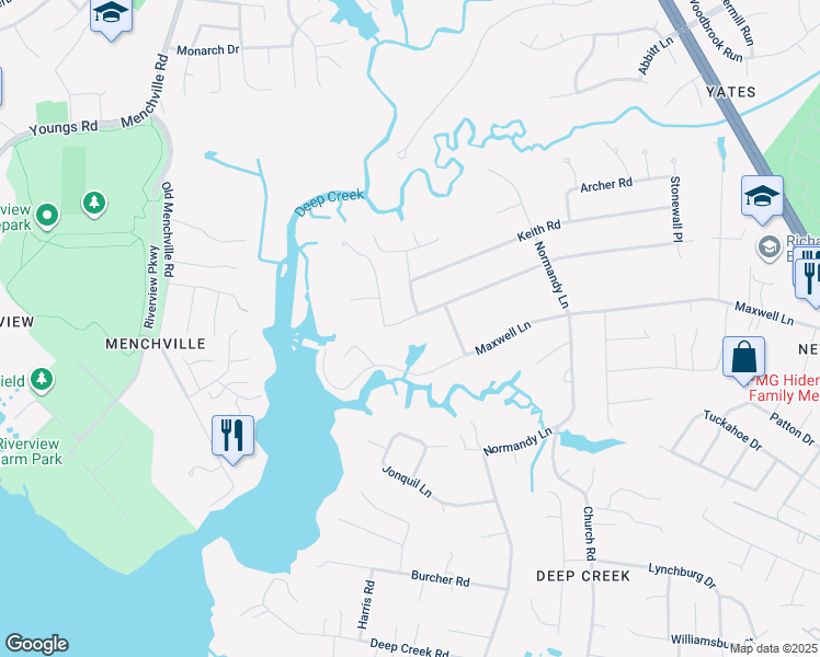 map of restaurants, bars, coffee shops, grocery stores, and more near 302 Milstead Road in Newport News