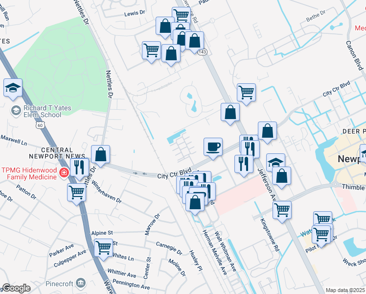 map of restaurants, bars, coffee shops, grocery stores, and more near 301 Nat Turner Boulevard in Newport News