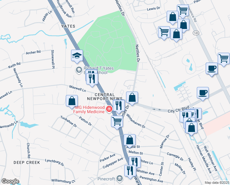 map of restaurants, bars, coffee shops, grocery stores, and more near 204 Maymont Drive in Newport News