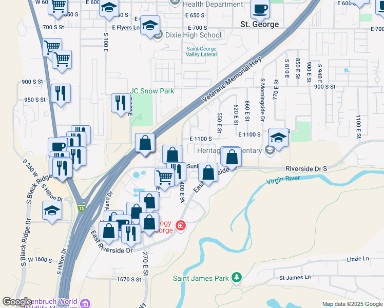 map of restaurants, bars, coffee shops, grocery stores, and more near 441 Sunland Drive in St. George