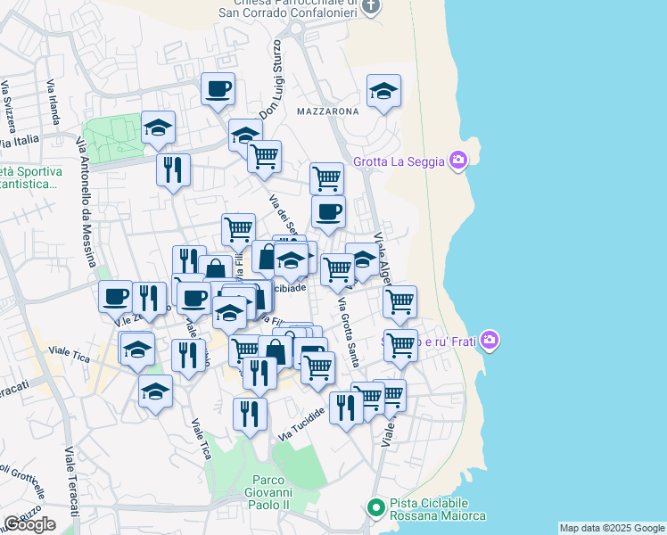 map of restaurants, bars, coffee shops, grocery stores, and more near 159 Via Grotta Santa in Siracusa