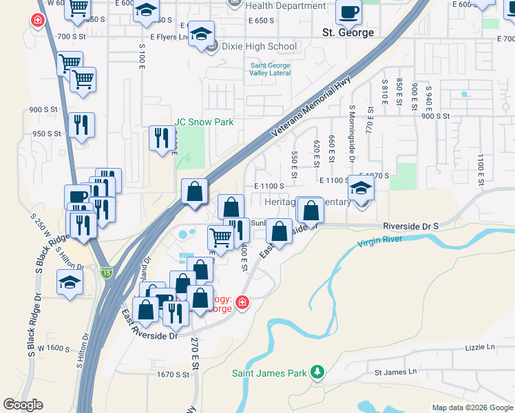 map of restaurants, bars, coffee shops, grocery stores, and more near 470 East 1100 South in St. George