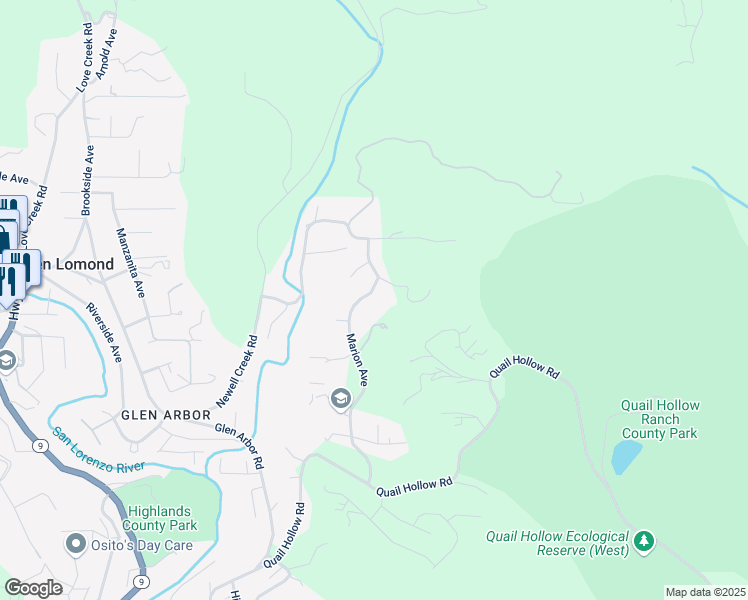 map of restaurants, bars, coffee shops, grocery stores, and more near 641 Marion Avenue in Ben Lomond