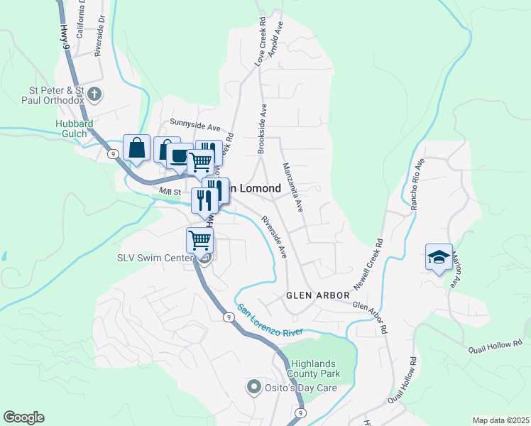 map of restaurants, bars, coffee shops, grocery stores, and more near 237 Riverside Avenue in Ben Lomond