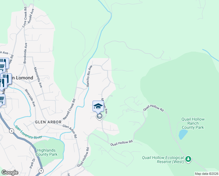 map of restaurants, bars, coffee shops, grocery stores, and more near 613 Marion Avenue in Ben Lomond