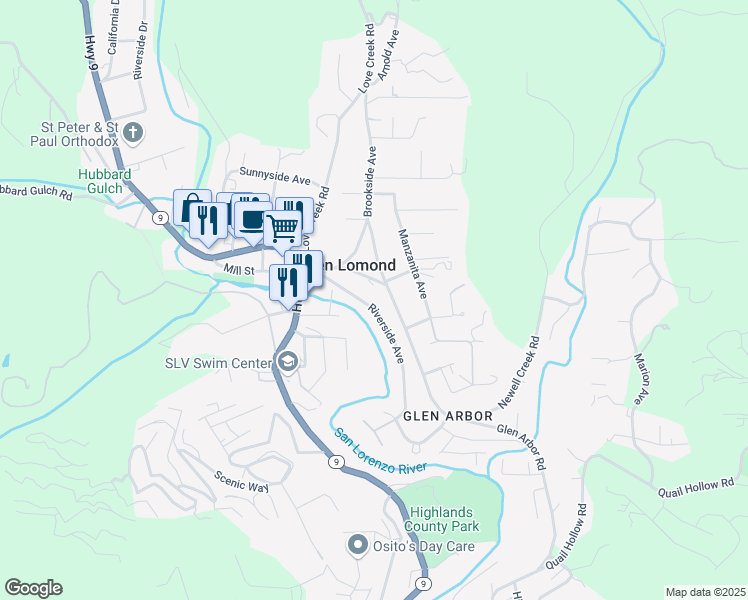 map of restaurants, bars, coffee shops, grocery stores, and more near 237 Riverside Avenue in Ben Lomond