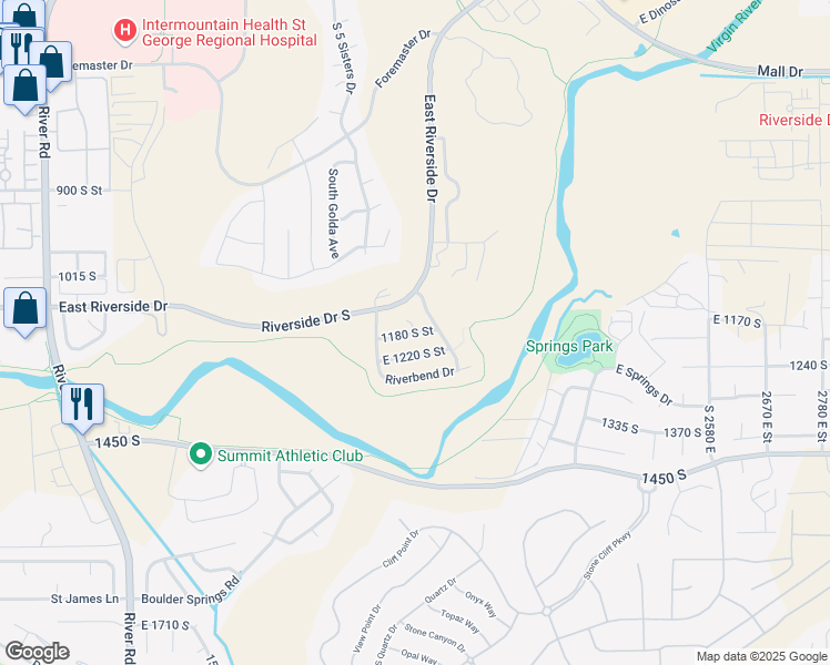 map of restaurants, bars, coffee shops, grocery stores, and more near 1180 South Street in St. George