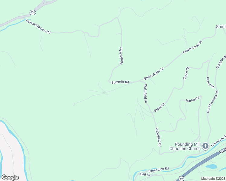 map of restaurants, bars, coffee shops, grocery stores, and more near Green Acres Road in Pounding Mill