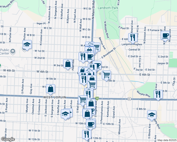 map of restaurants, bars, coffee shops, grocery stores, and more near 324 South Main Street in Joplin