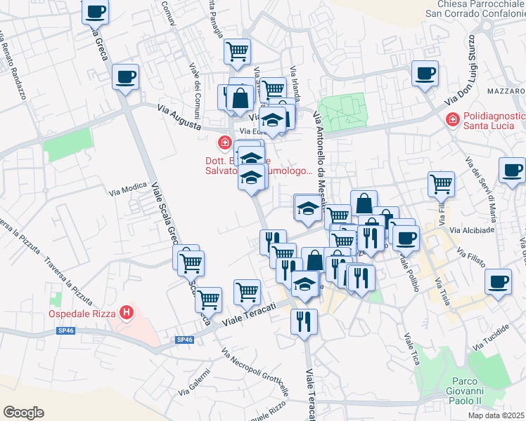 map of restaurants, bars, coffee shops, grocery stores, and more near 102 Viale Santa Panagia in Siracusa