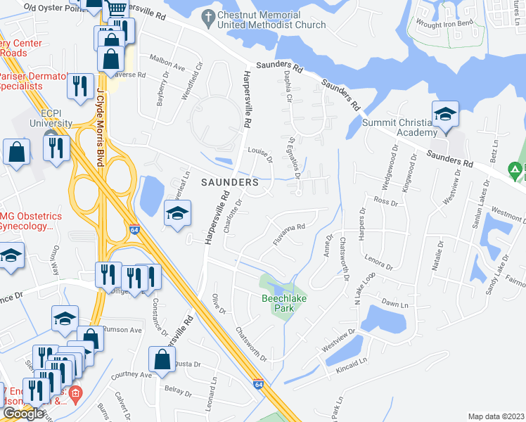 map of restaurants, bars, coffee shops, grocery stores, and more near 201 Rockingham Drive in Newport News