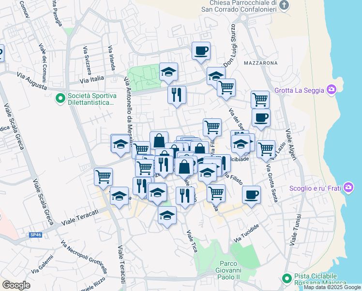 map of restaurants, bars, coffee shops, grocery stores, and more near 43 Via Pietro Novelli in Syracuse