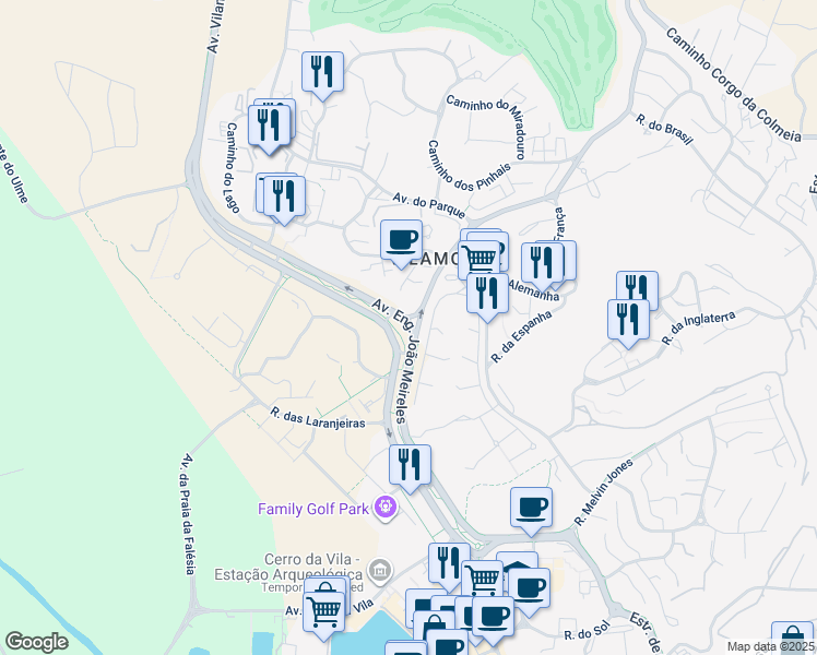 map of restaurants, bars, coffee shops, grocery stores, and more near in Quarteira