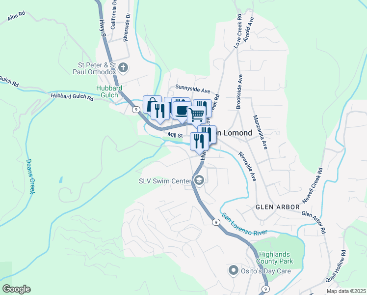 map of restaurants, bars, coffee shops, grocery stores, and more near 9280 Old County Road in Ben Lomond