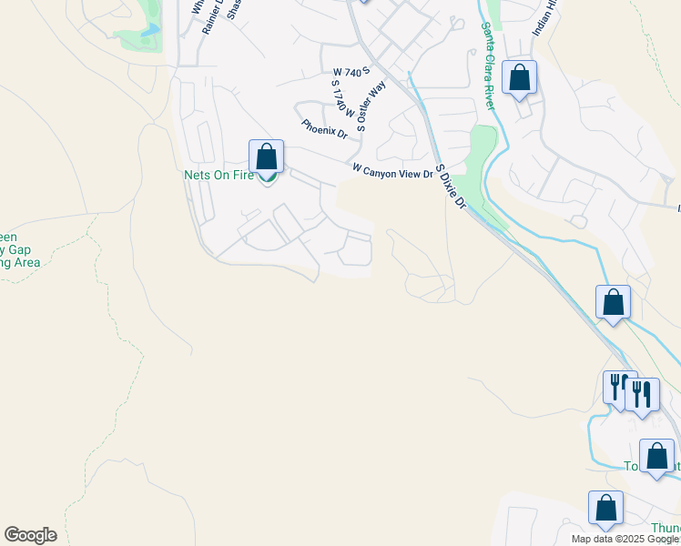 map of restaurants, bars, coffee shops, grocery stores, and more near 1845 West Canyon View Drive in St. George