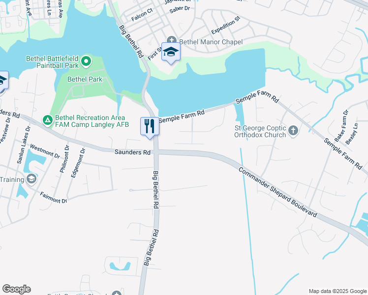 map of restaurants, bars, coffee shops, grocery stores, and more near 1448 Big Bethel Road in Hampton