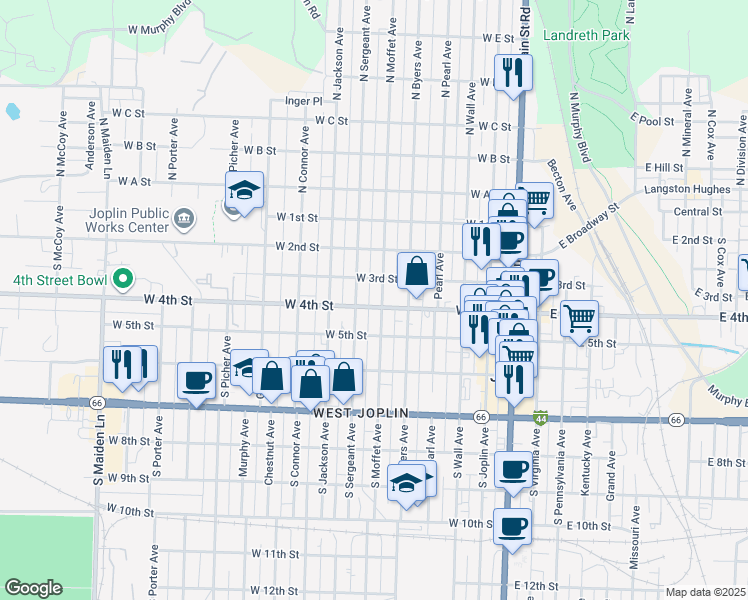map of restaurants, bars, coffee shops, grocery stores, and more near 320 South Moffet Avenue in Joplin