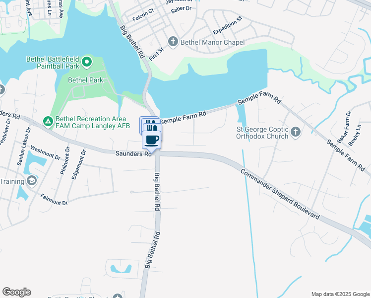 map of restaurants, bars, coffee shops, grocery stores, and more near 1448 Big Bethel Road in Hampton