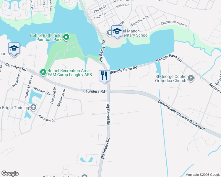 map of restaurants, bars, coffee shops, grocery stores, and more near 1496 Big Bethel Road in Hampton