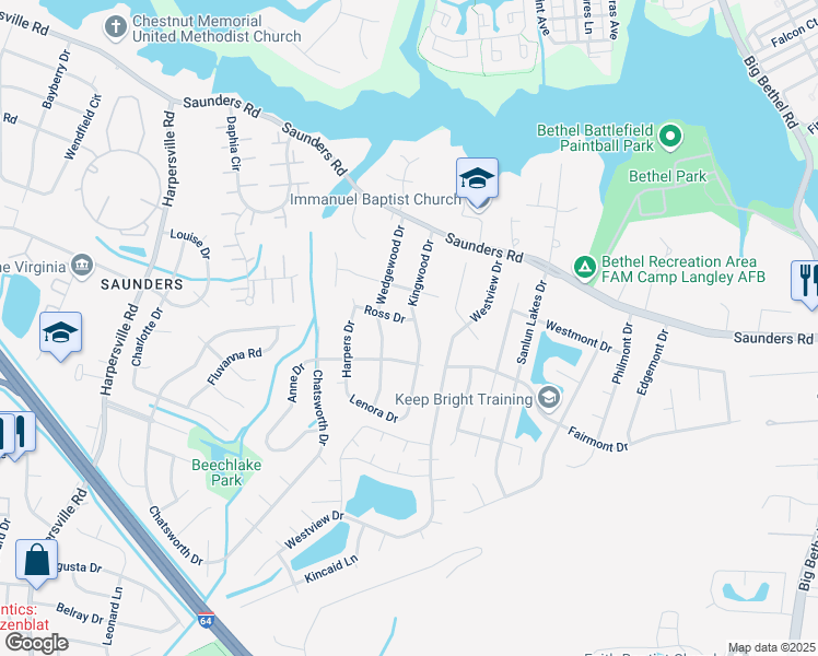 map of restaurants, bars, coffee shops, grocery stores, and more near 115 Wedgewood Drive in Newport News