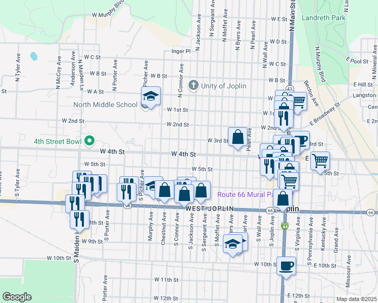 map of restaurants, bars, coffee shops, grocery stores, and more near 407 South Jackson Avenue in Joplin