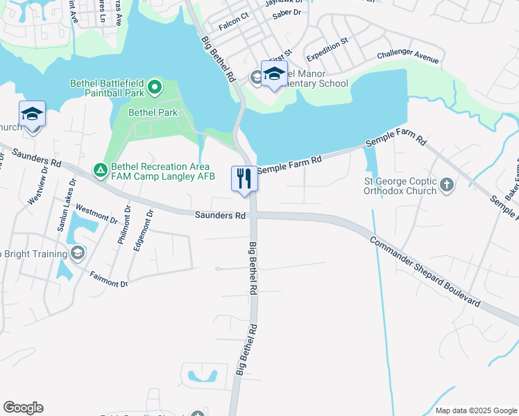 map of restaurants, bars, coffee shops, grocery stores, and more near 2 Musket Lane in Hampton