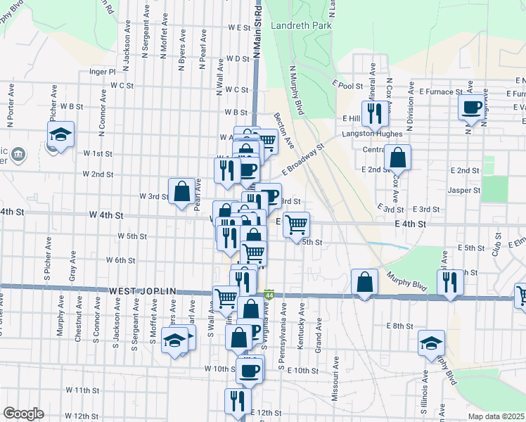map of restaurants, bars, coffee shops, grocery stores, and more near 401 Virginia Avenue in Joplin