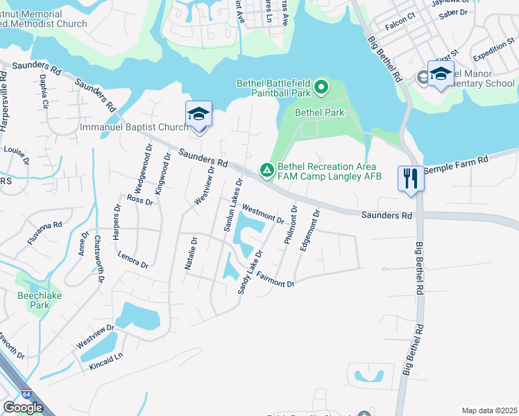 map of restaurants, bars, coffee shops, grocery stores, and more near 18 Westmont Drive in Hampton
