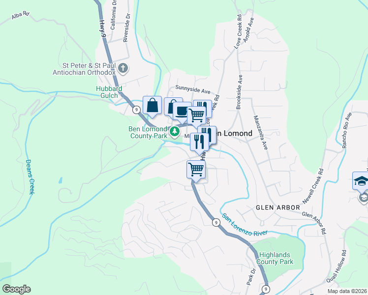 map of restaurants, bars, coffee shops, grocery stores, and more near 102 Hillside Avenue in Ben Lomond