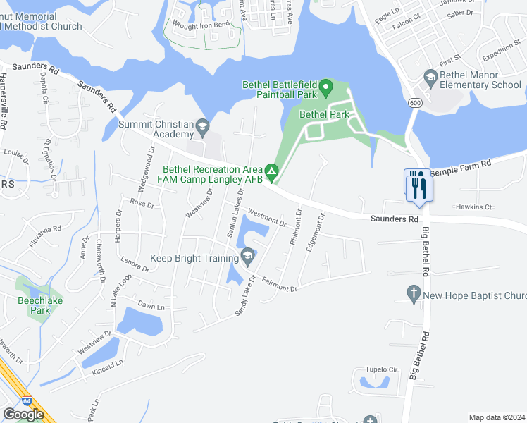 map of restaurants, bars, coffee shops, grocery stores, and more near 18 Westmont Drive in Hampton