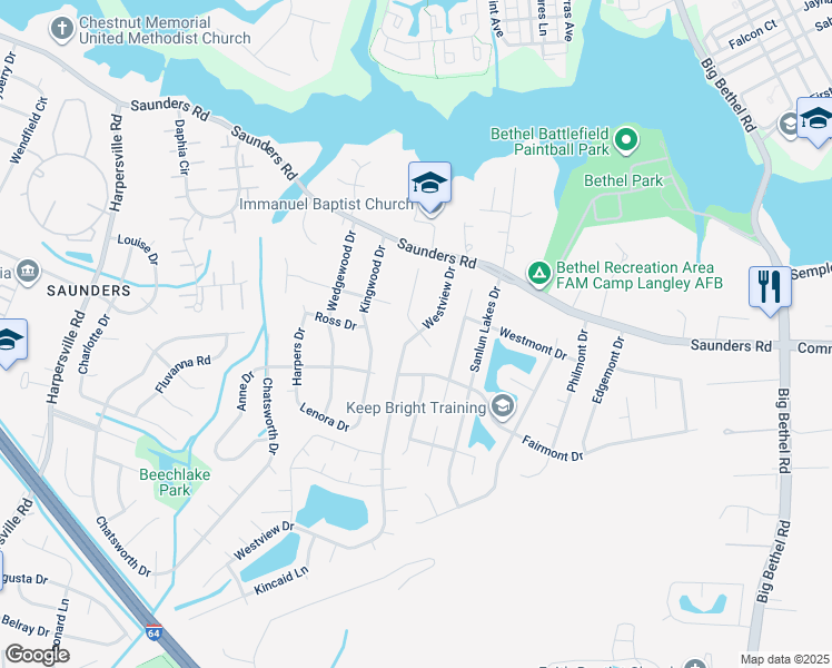 map of restaurants, bars, coffee shops, grocery stores, and more near 36 Phyllis Lane in Hampton