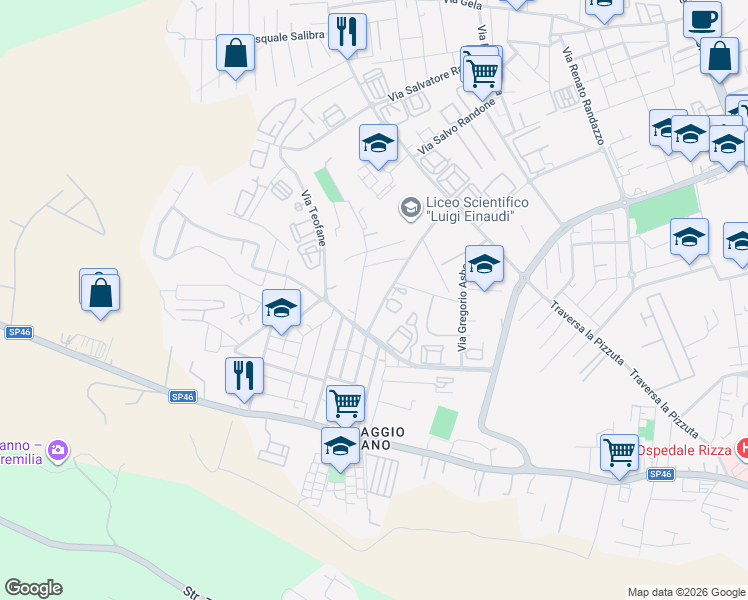 map of restaurants, bars, coffee shops, grocery stores, and more near 32 Via Monte Renna in Siracusa